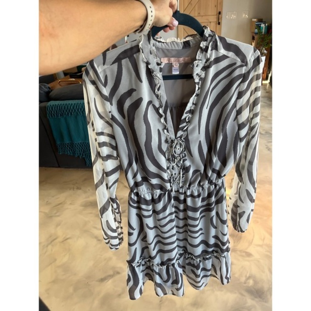 Hutch Zebra Print Ruffle Mini Dress Long Sleeve Lace Up V-Neck Black White Small